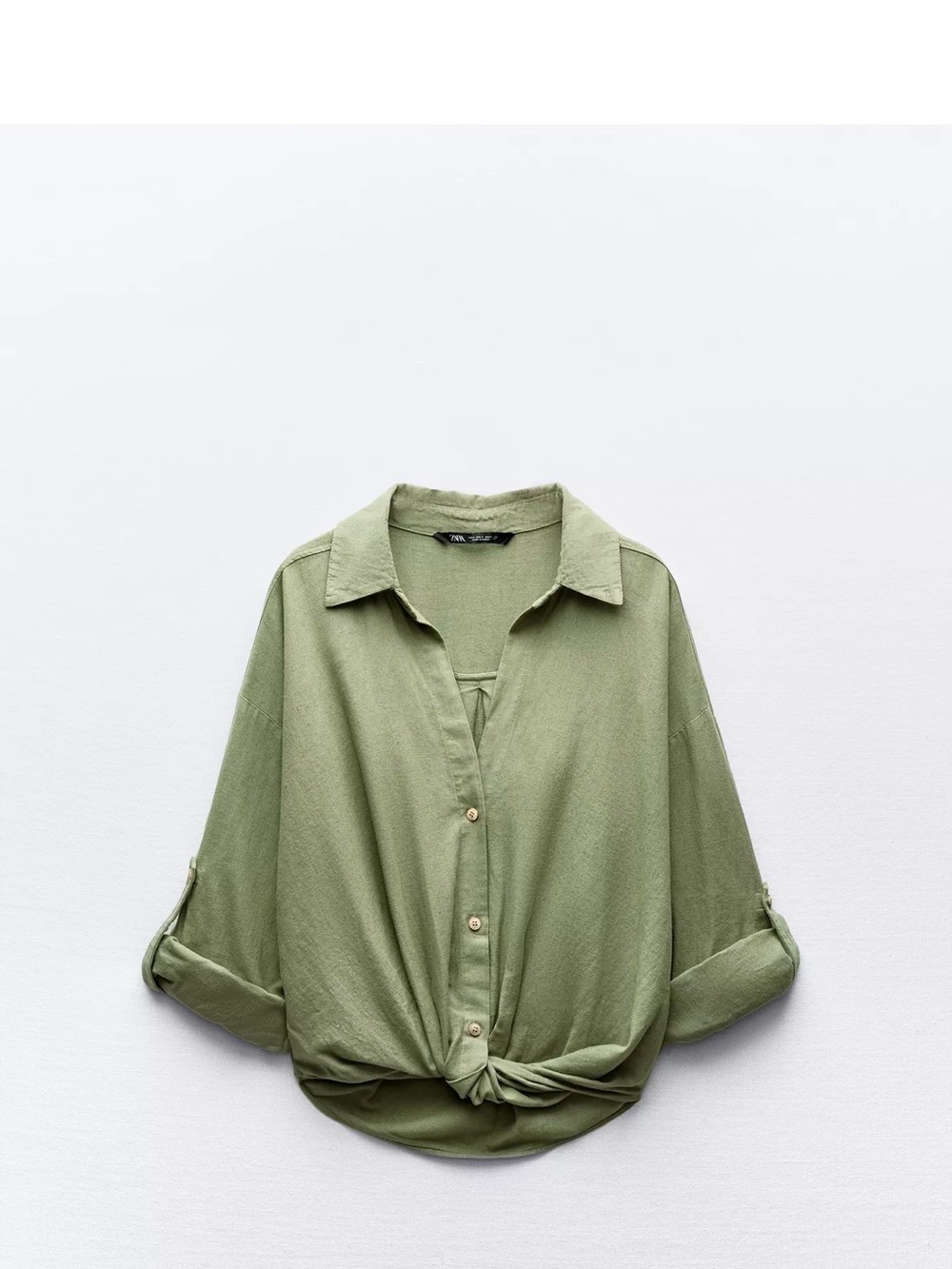 Zara Light Olive Green Tie-Front Button-Down Shirt
